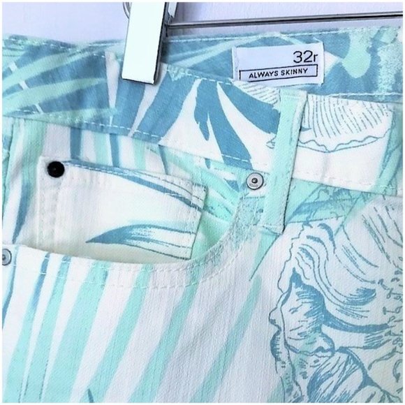 GAP 1969 WHITE MINT GREEN PALM FROND ALWAYS SKINNY SKIMMER LOW RISE JEANS 32R - Picture 5 of 10